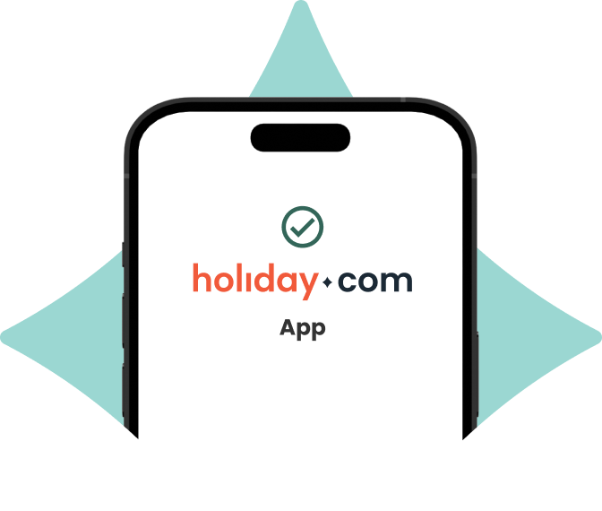 Cell phone screen displaying the holiday.com logo with green checkmark.