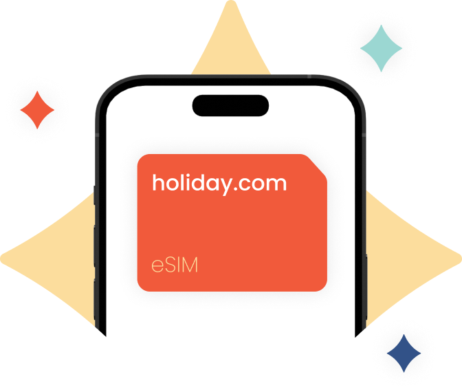 Cell phone screen displaying the shape of an eSIM chip with holiday.com logo.