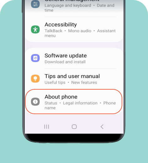 Android cell phone screen displaying the Settings menu with About phone highlighted.