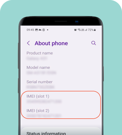 Android cell phone screen displaying the About section with IMEI information highlighted.