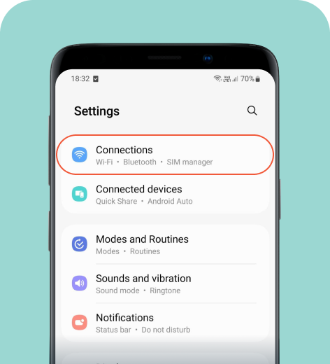 The Settings section on a Samsung phone with the Connections tab highlighted.