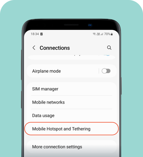 Connections settings on a Samsung phone with Mobile Hotspot and Tethering highlighted.