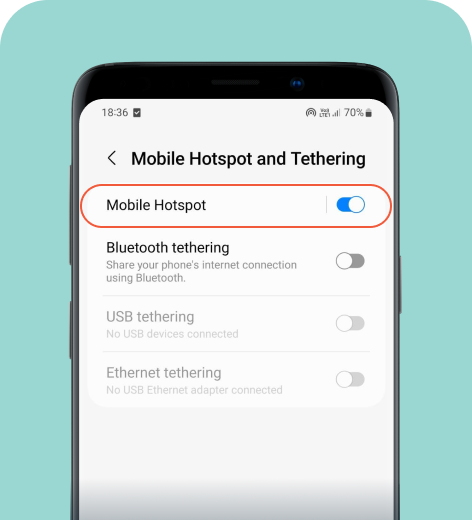 Mobile Hotspot and Tethering settings on a Samsung phone with the Mobile Hotspot switch toggled on.