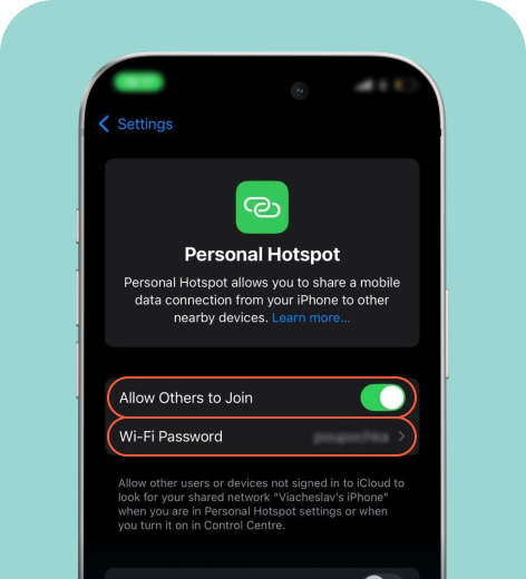 iPhone cell phone screen displaying the Personal Hotspot menu.