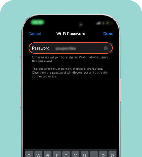 iPhone cell phone screen displaying the Wi-Fi Password settings.