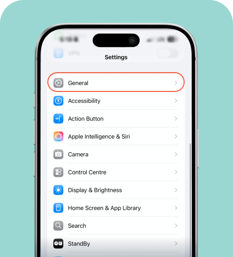 iPhone cell phone screen displaying the Settings menu with General settings highlighted.