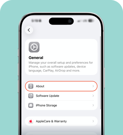 iPhone cell phone screen displaying the General sub-menu with the About section highlighted.