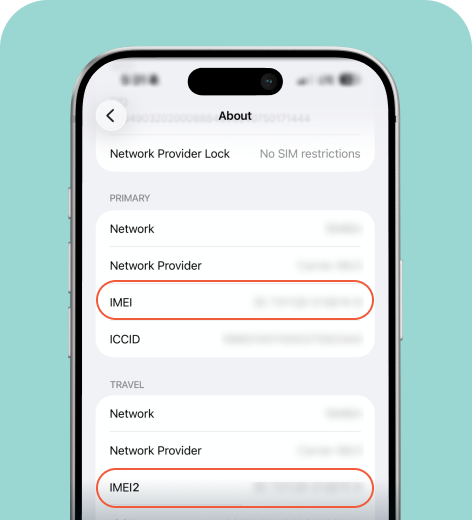 iPhone cell phone screen displaying the About section with IMEI information highlighted.