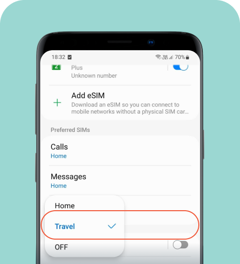 Android cell phone screen displaying mobile data enabled for eSIM.