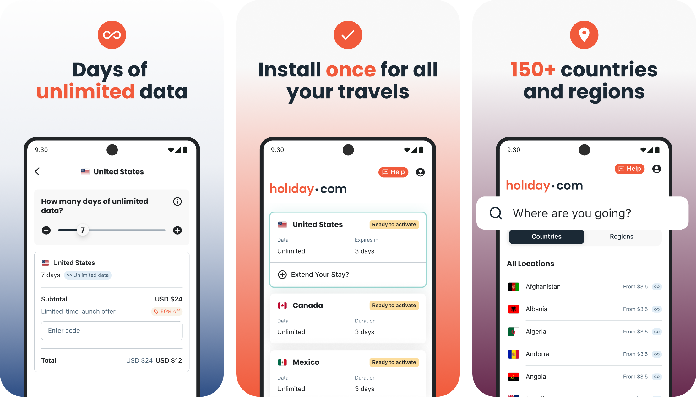 Three panels with cell phone screens displaying the holiday.com Android app with corresponding eSIM features.
