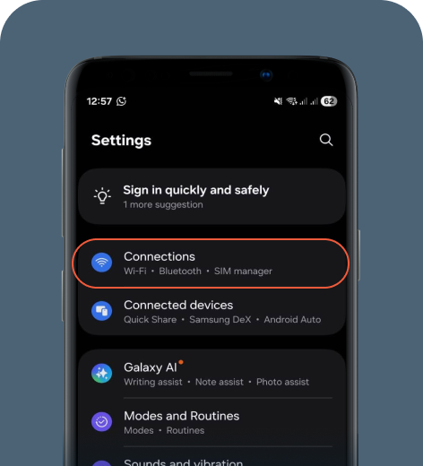 Android cell phone screen displaying the Settings menu.