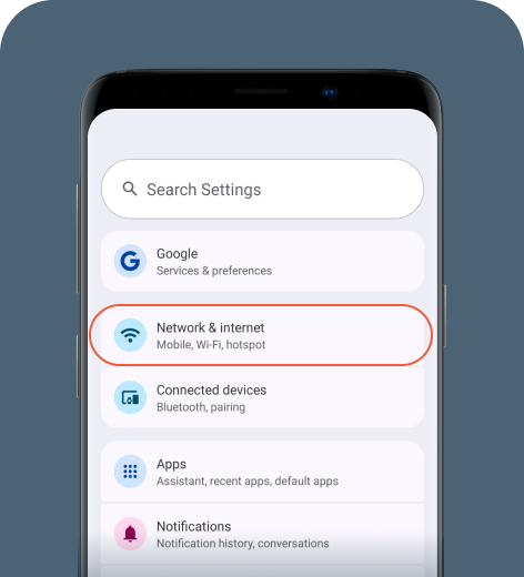 Android cell phone screen displaying the Settings menu.