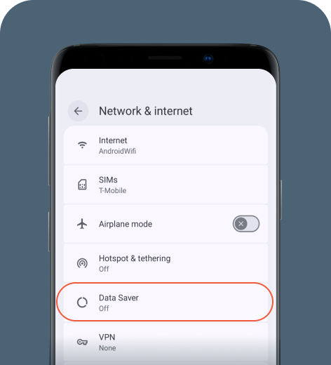 Android cell phone screen displaying the Network & Internet menu.