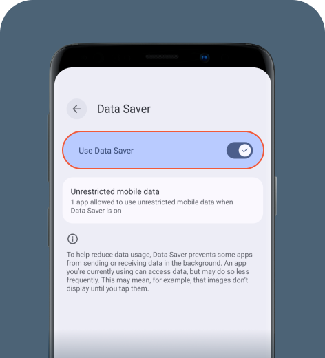 Android cell phone screen displaying the Data Saver feature.