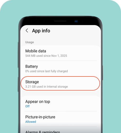 Android cell phone screen displaying the App info settings.