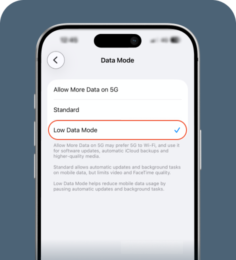 iPhone cell phone screen displaying the Data Mode menu.