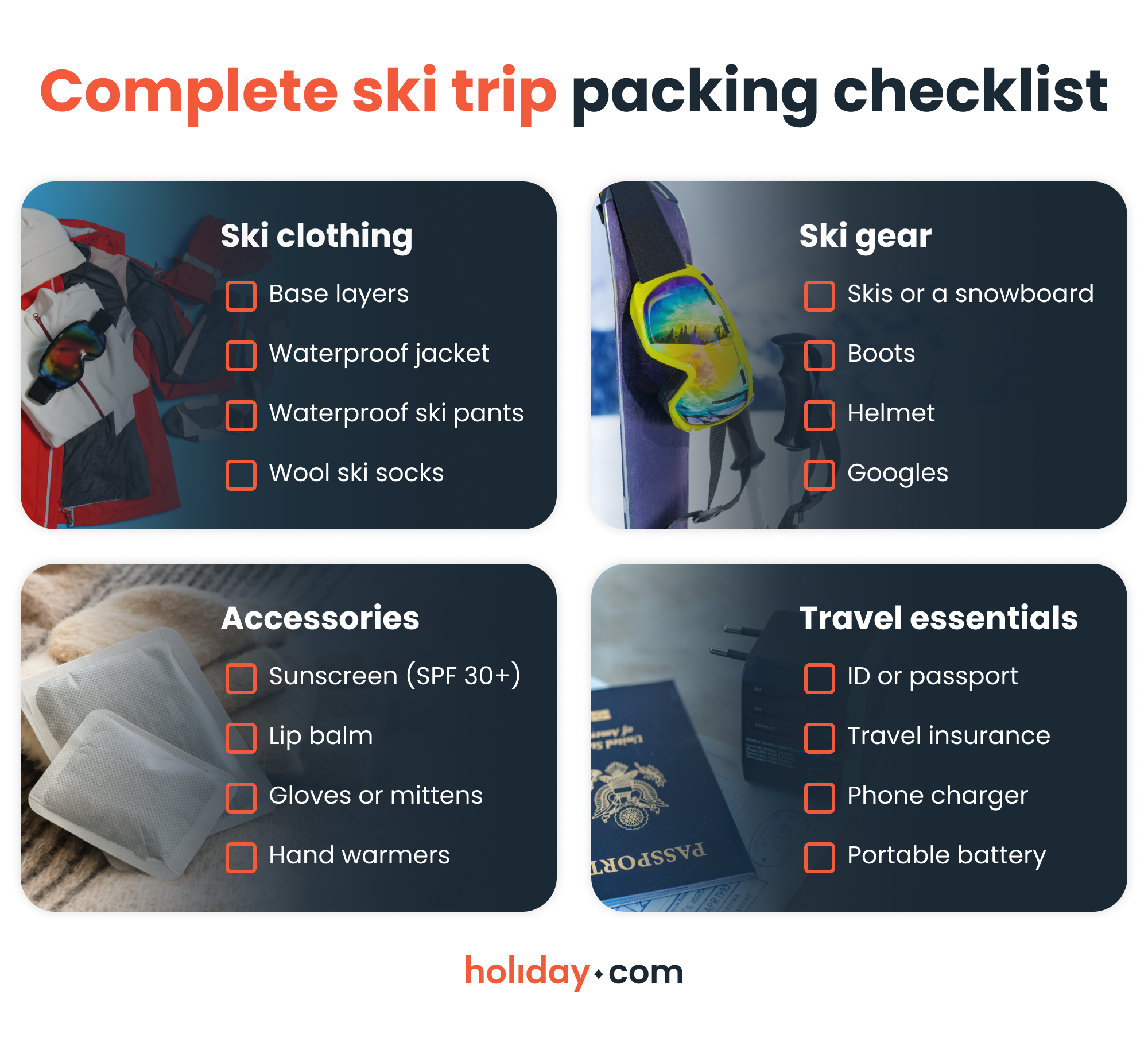 An infographic showing a categorized ski trip packing checklist, including clothing, gear, accessories, and travel essentials.