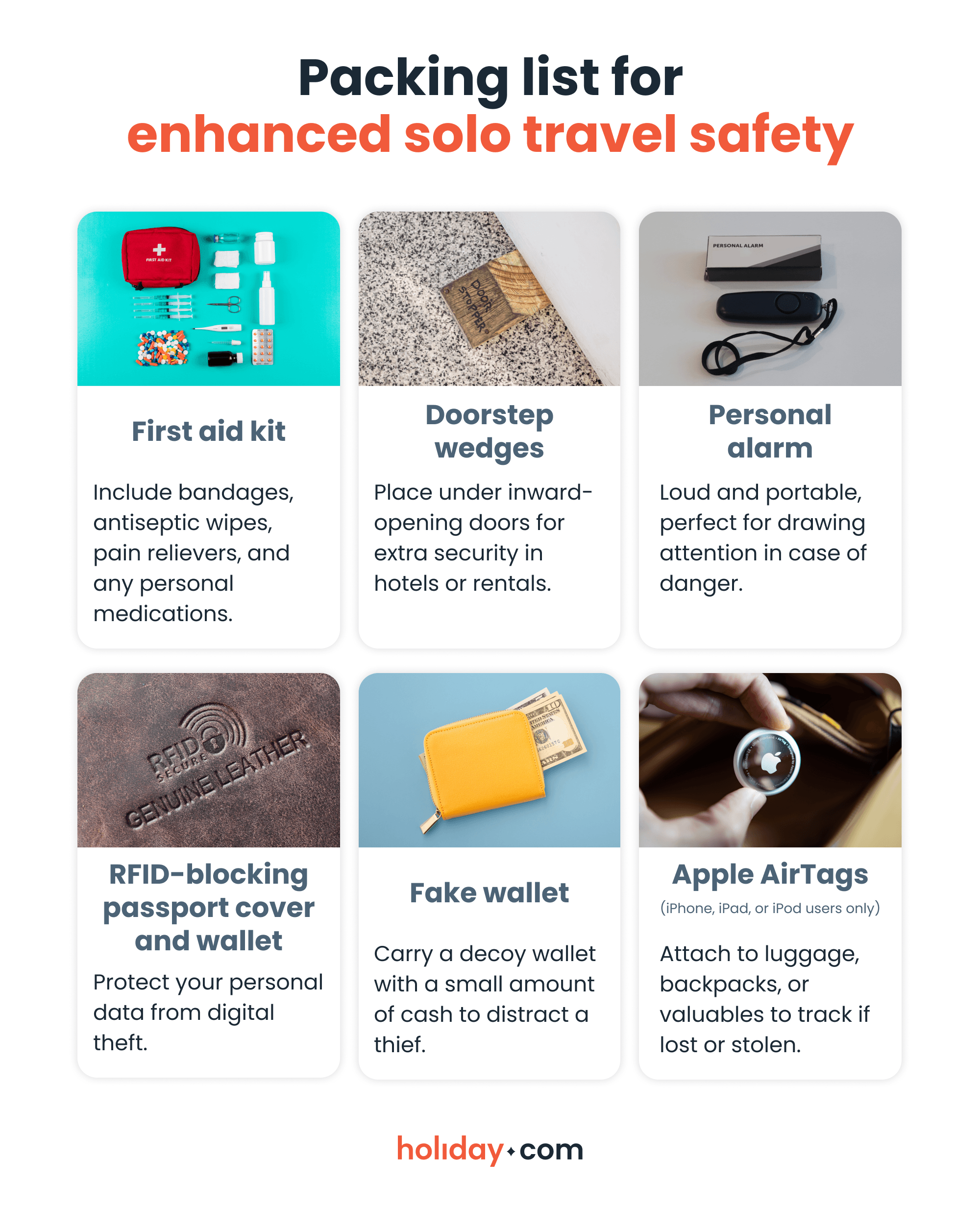 An infographic showing a packing list for enhanced solo travel safety.