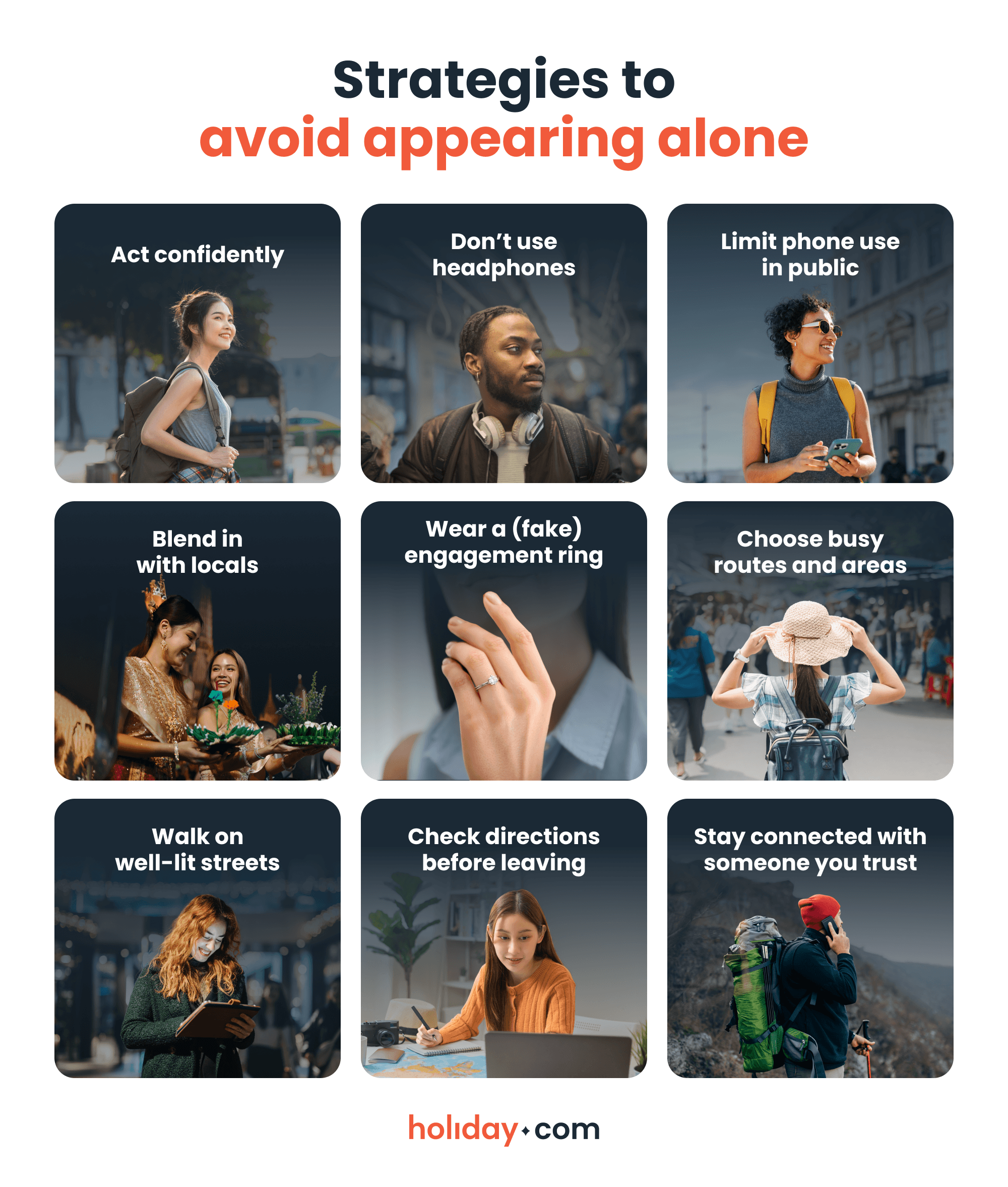 An infographic showing strategies to avoid appearing alone abroad.