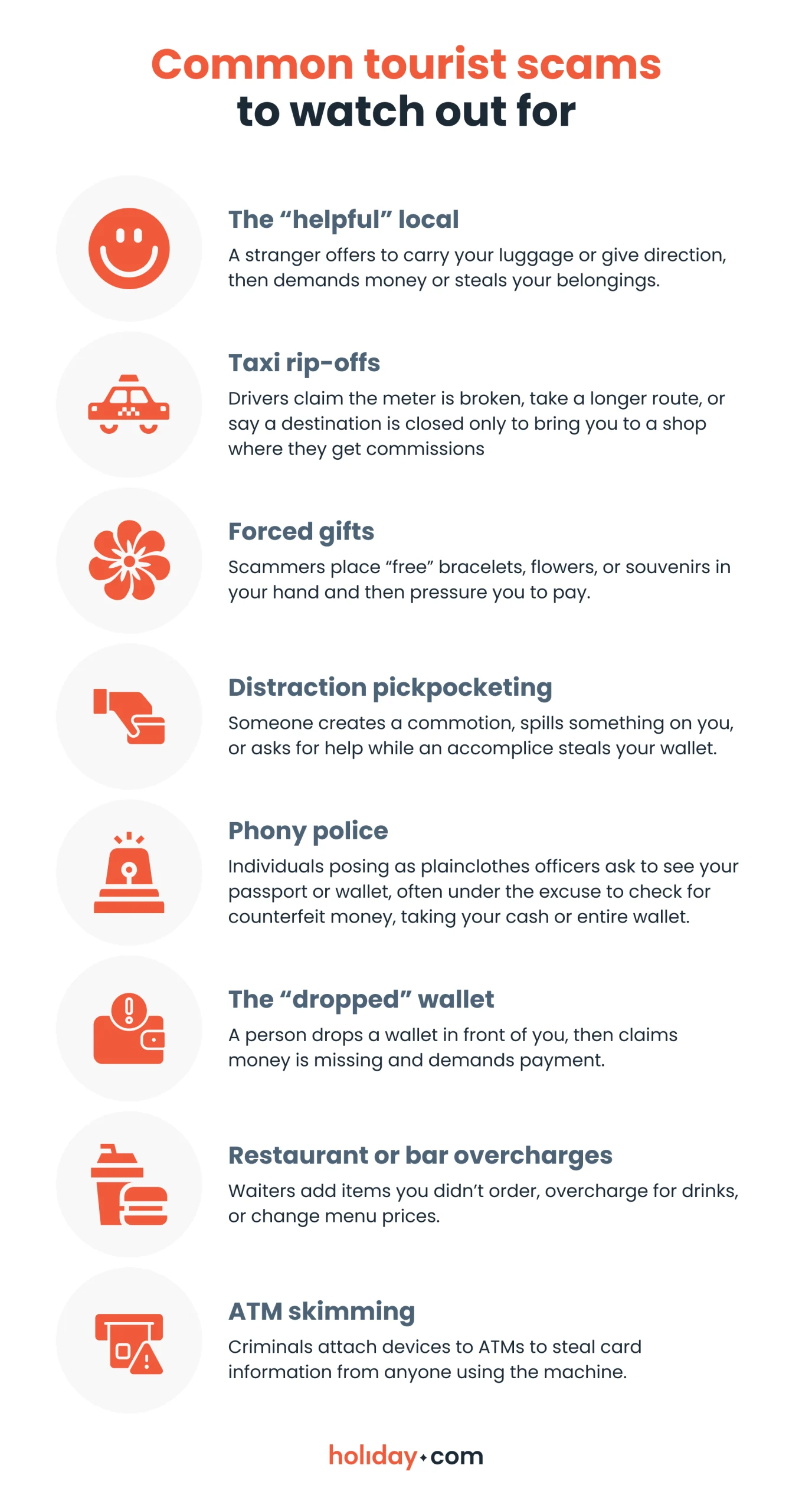 An infographic showing common scams that can happen to tourists. 
