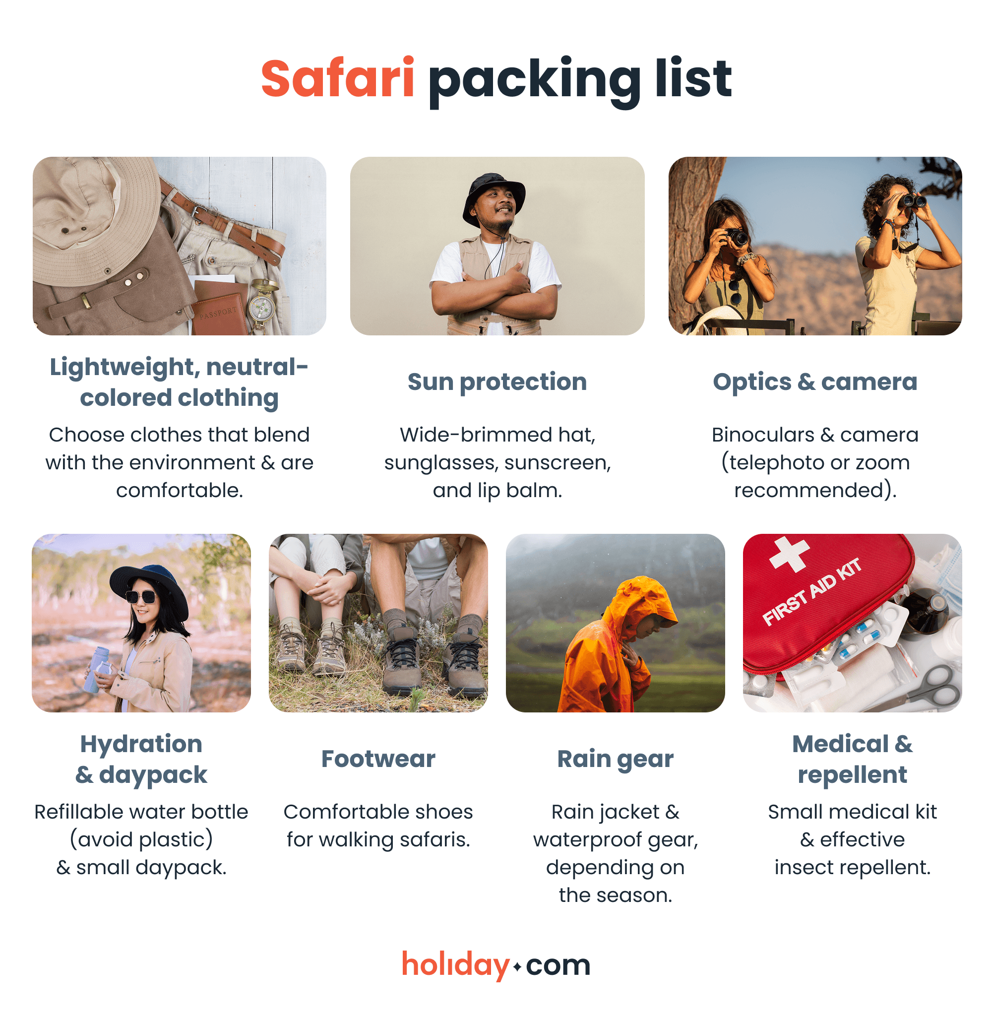 An infographic table showing the packing essentials for a safari adventure.