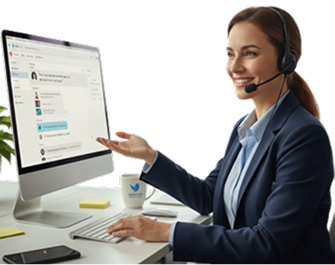 Smiling woman wearing a headset in front of a Mac computer.