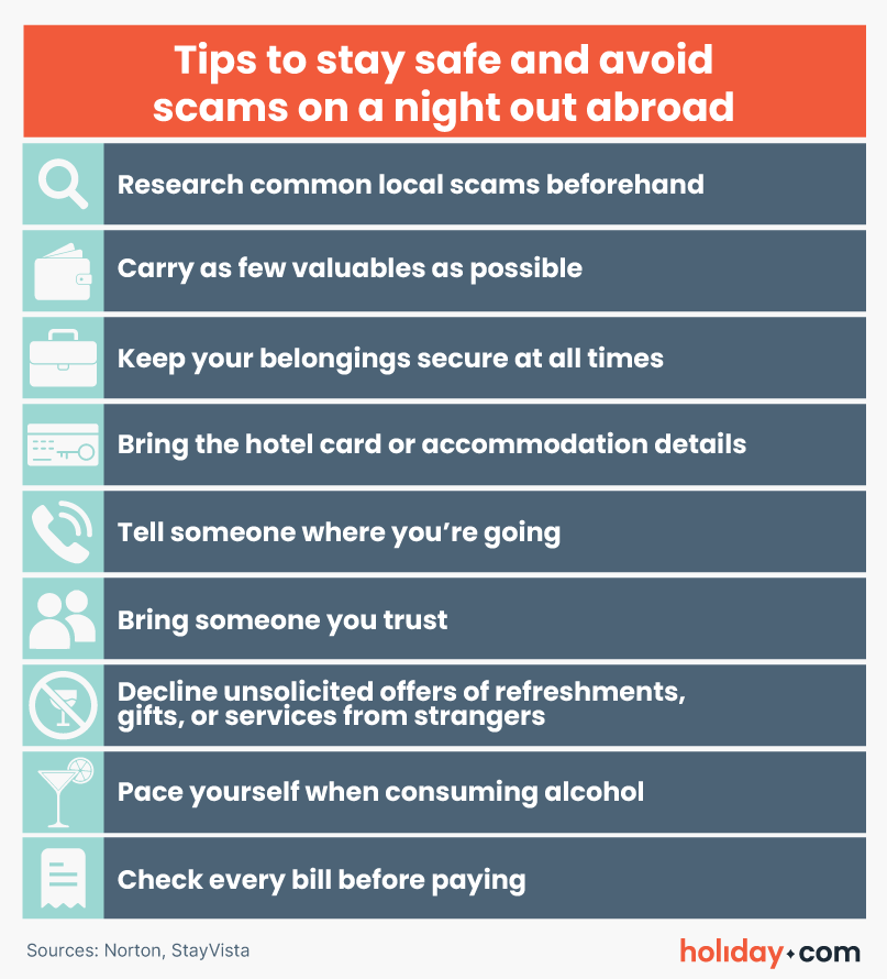 Infographic presenting a bulleted list of tips to help travelers stay safe and avoid scams on a night out abroad.