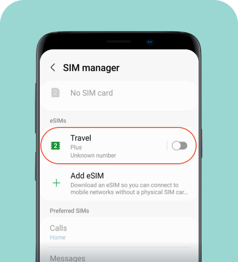 Android cell phone screen displaying SIM manager settings.