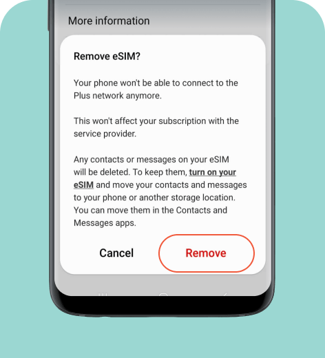 Android cell phone screen displaying eSIM removal confirmation.