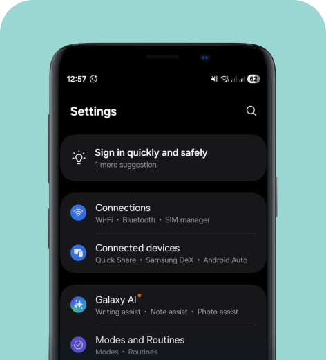 Android cell phone screen displaying the Settings menu.