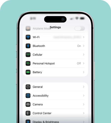 iPhone cell phone screen displaying the Settings menu.