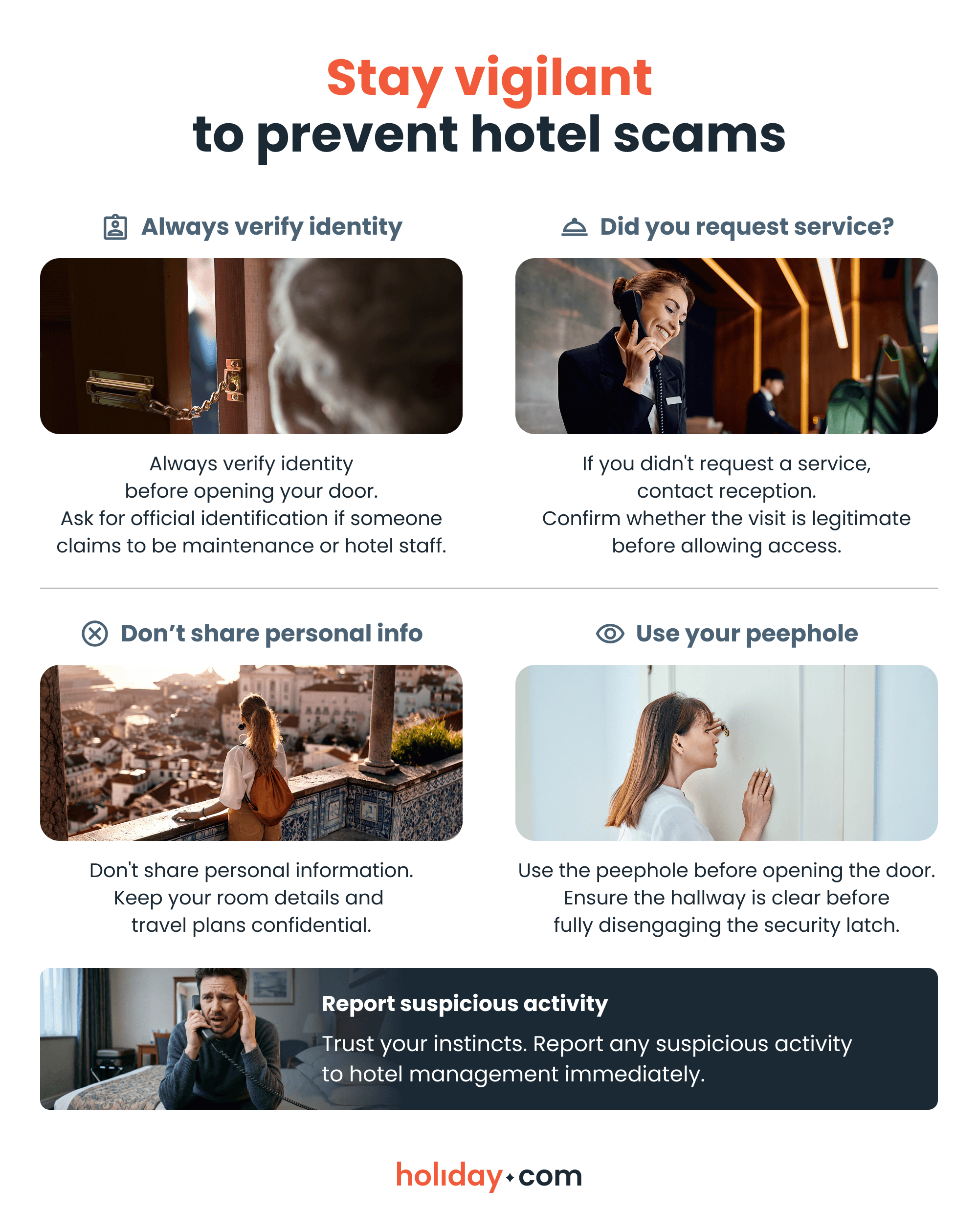 Infographic advising guests to verify staff identity and interactions for safety.