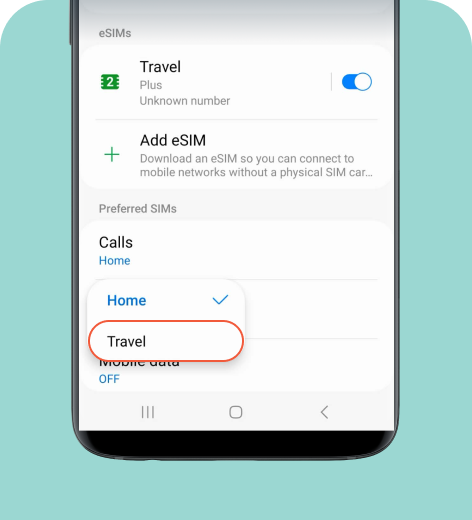 Android cell phone screen displaying calls and messages enabled for home eSIM.