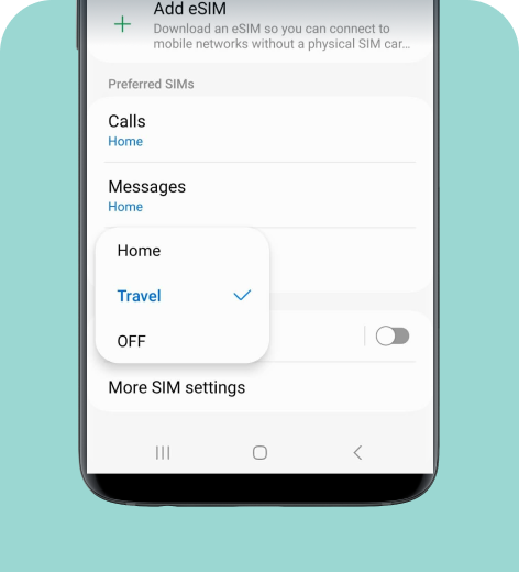 Android cell phone screen displaying mobile data enabled for eSIM.
