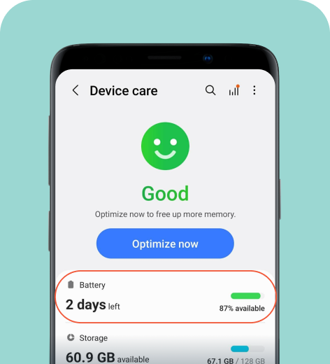 Samsung cell phone screen displaying the Battery and device care settings.