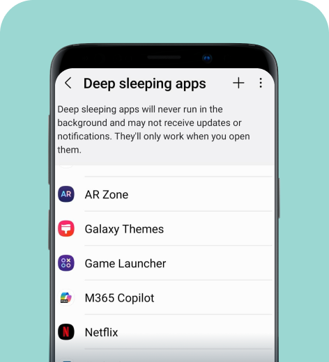 Samsung cell phone screen displaying Deep sleeping apps settings.