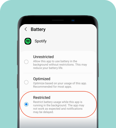 Android cell phone screen displaying Spotify battery settings.