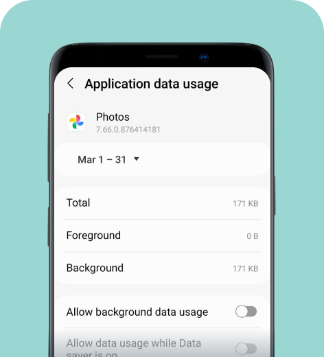 Android cell phone screen displaying Google Photos data usage settings.