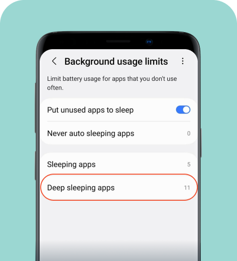 Samsung cell phone screen displaying Background usage limits settings.