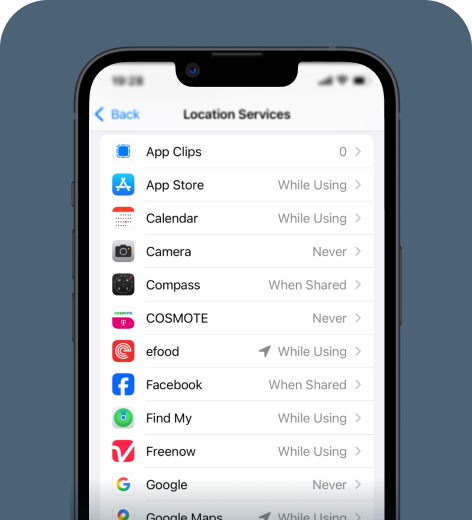 iPhone screen displaying Location Services settings.