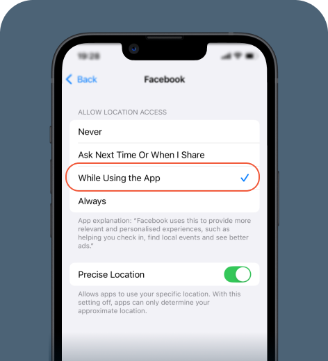 iPhone screen displaying Facebook location access settings.