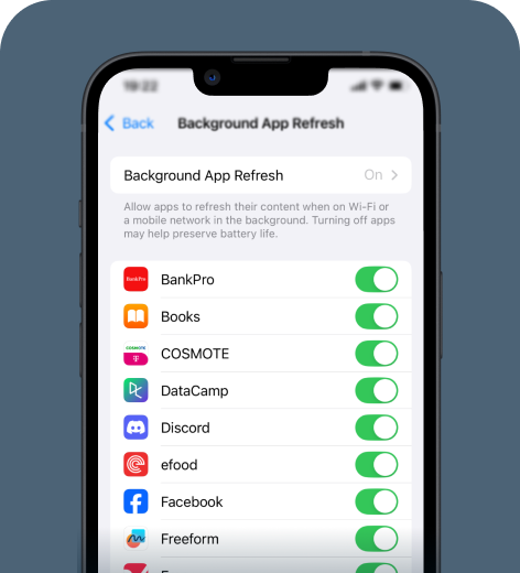 iPhone screen displaying Background App Refresh settings.
