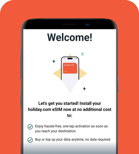 Android cell phone screen displaying the holiday.com app welcome message and menu.