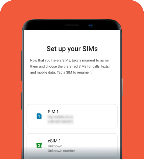 Android cell phone screen displaying the options for setting up your SIM and eSIM. 