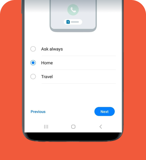 Android cell phone screen displaying the holiday.com app options for assigning a SIM for calls.