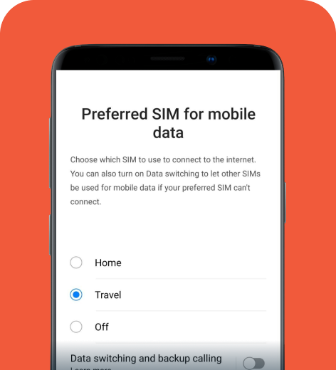 Android cell phone screen displaying the holiday.com app options for assigning a SIM for data.