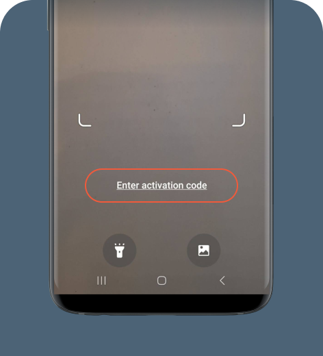 Android cell phone screen displaying the Scan QR code and Enter activation code options.