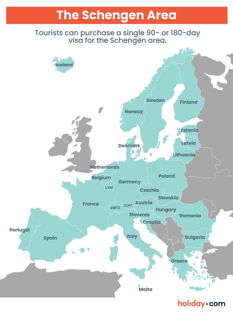 An infographic of the Schengen Area highlighting the member countries where tourists can obtain a single 90- or 180-day visa.