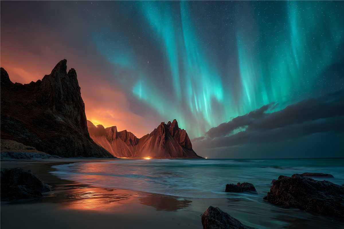 Aurora borealis with green lights dancing over mountain peaks and a rugged coastline.