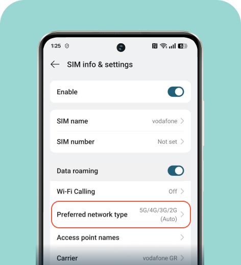 Android screen displaying SIM info & settings.